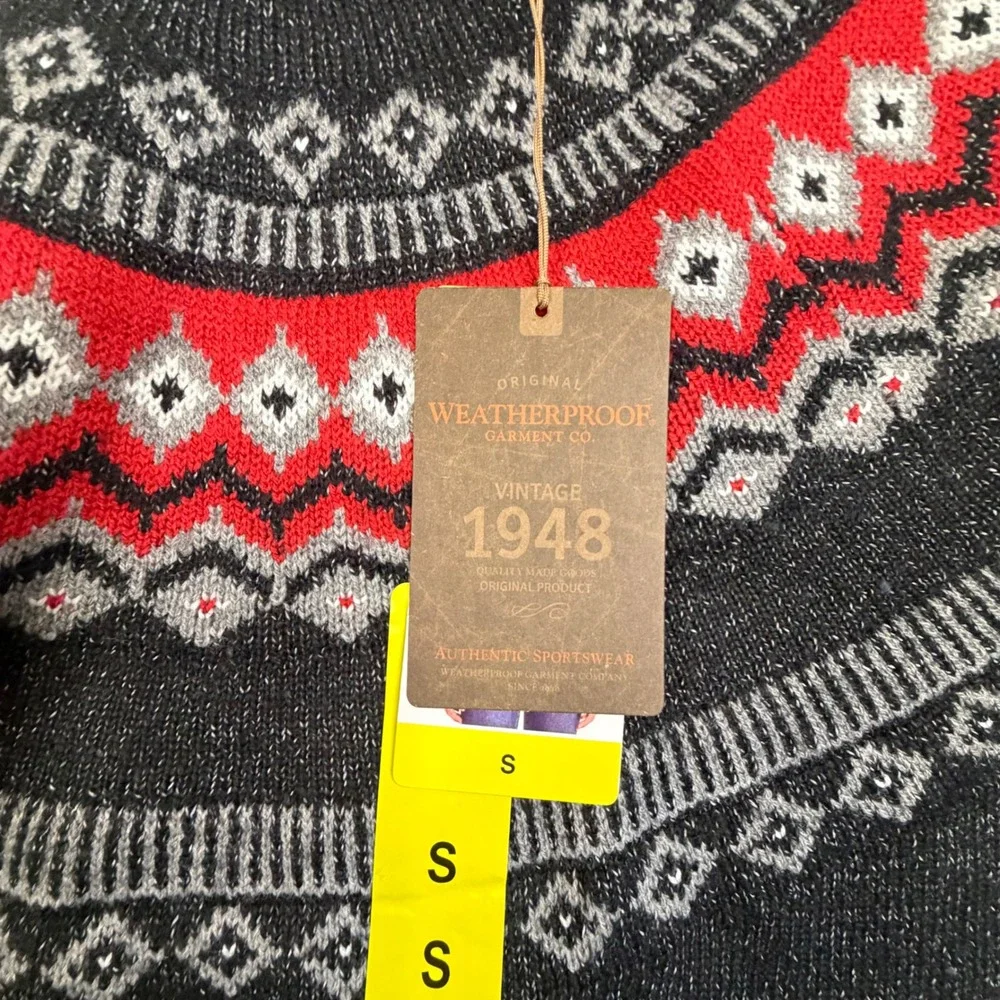 Weatherproof Vintage Mens Small Fair Isle Yoke Sweater Charcoal Red Nordic Knit